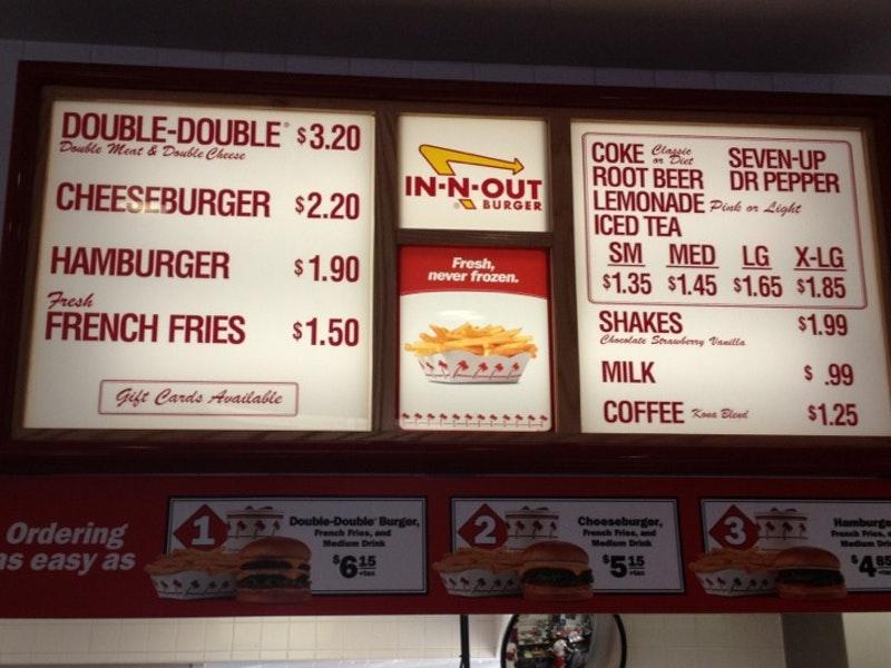 Menu at In-N-Out Burger fast food, Las Vegas, Centennial Center Blvd