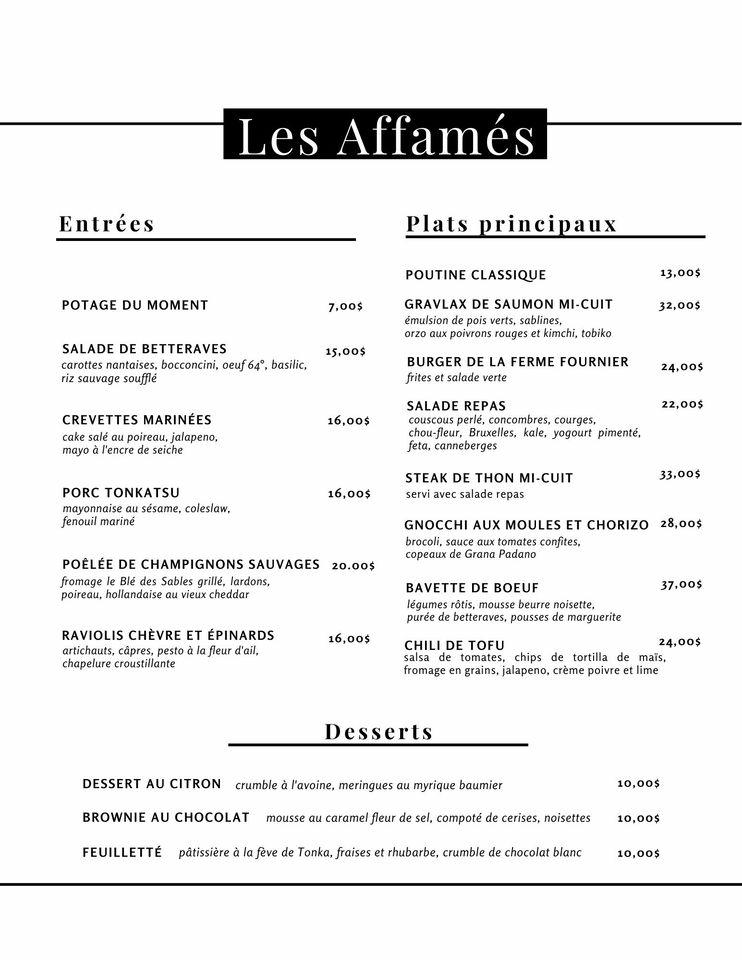 Menu au Les Affamés de Rimouski restaurant, Rimouski, 200 Ave de la