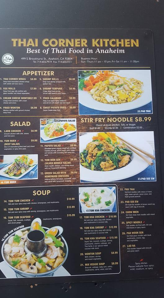 Carta del restaurante Thai Corner Kitchen, Anaheim