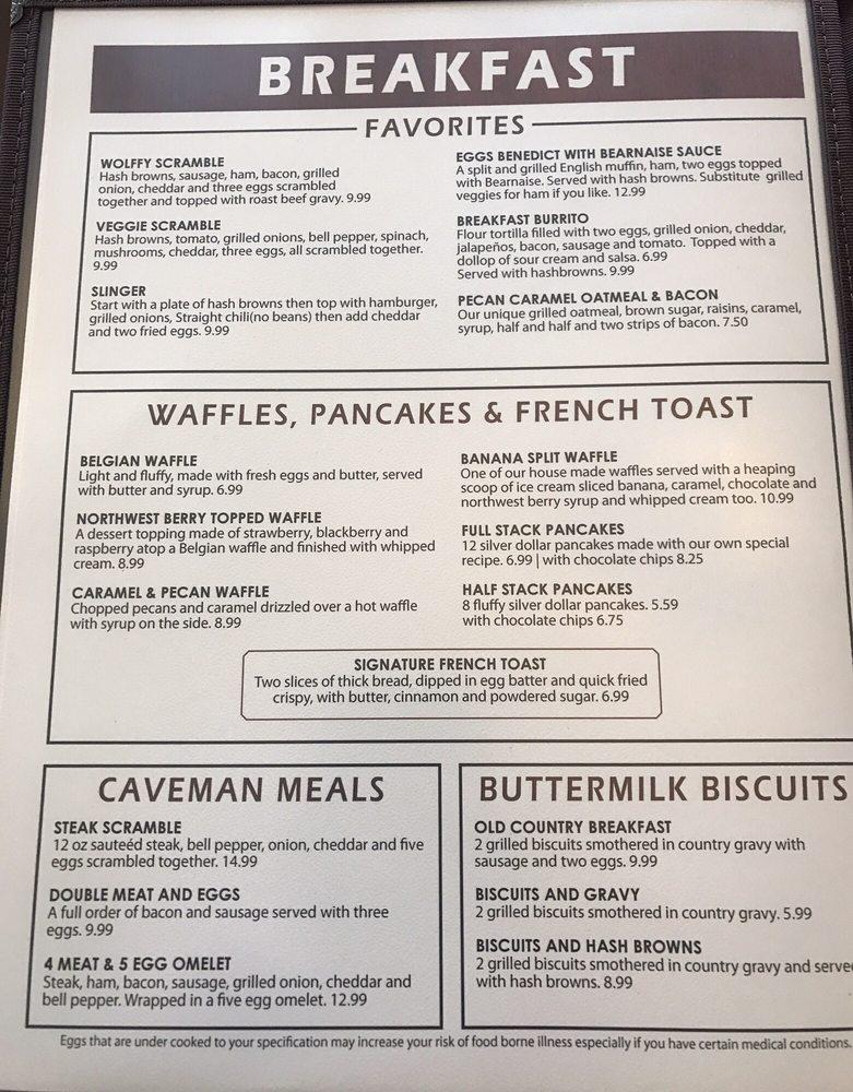 Menu at Wolffy's Breakfast Burgers and Brew restaurant, Airway Heights