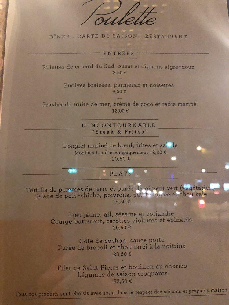 Menu at Poulette restaurant, Paris, 3 Rue Étienne Marcel