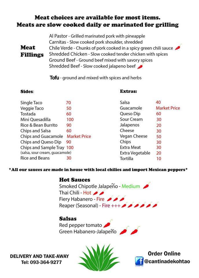 Menu at Cantina De Koh Tao restaurant, Ko Tao