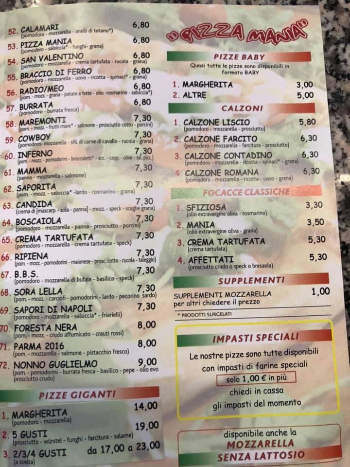 Menu at Pizzamania pizzeria, Olginate
