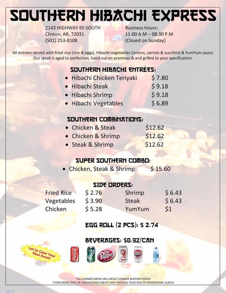 Menu at Southern Hibachi Express Clinton restaurant, Clinton, Hwy 65 S