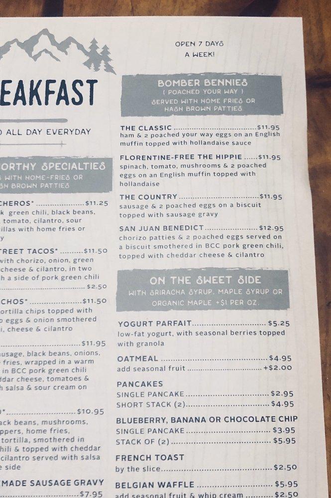 Menu at Back Country Cafe, Gunnison