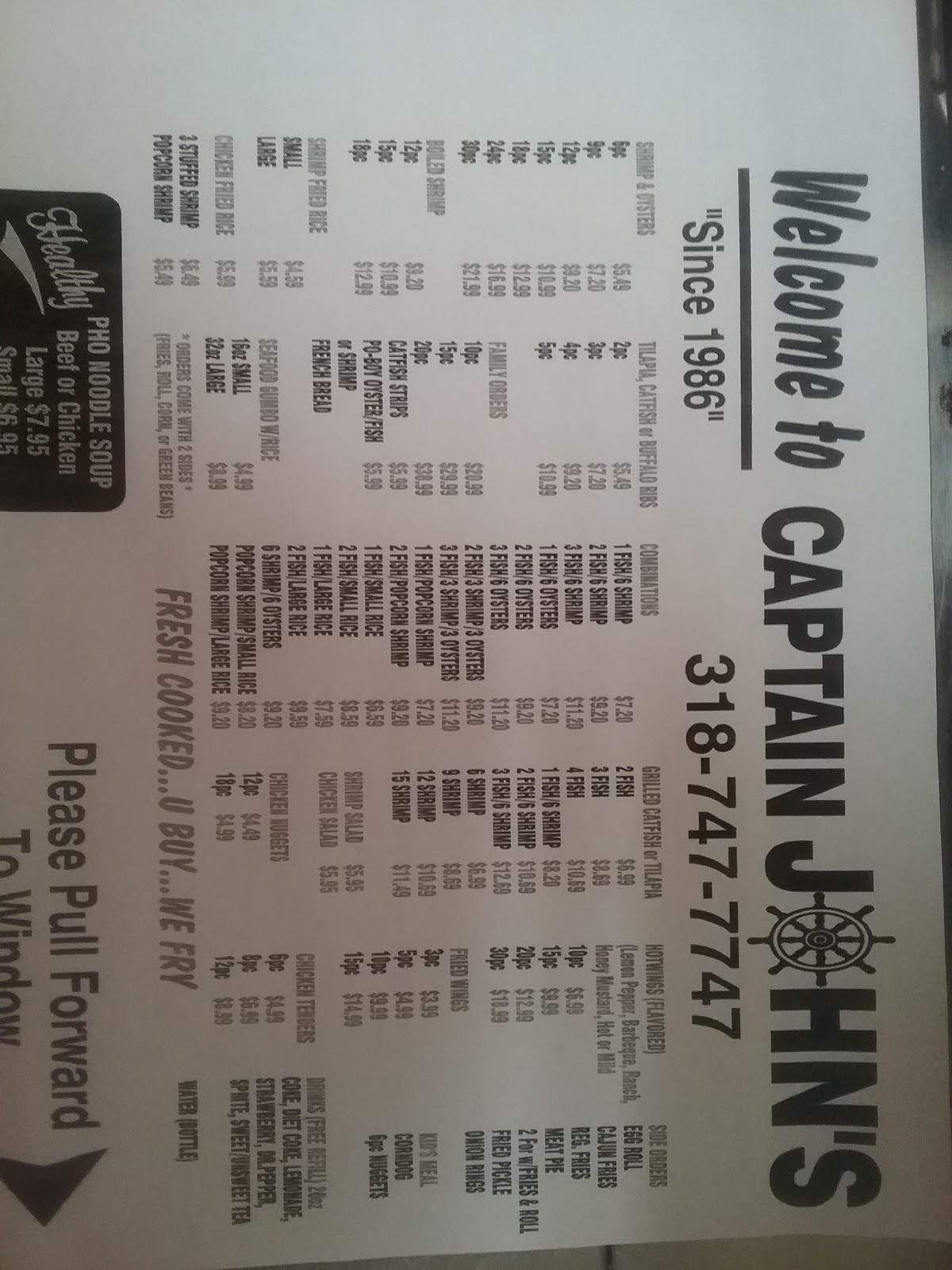 Menu at Capt'n John's Seafood restaurant, Bossier City