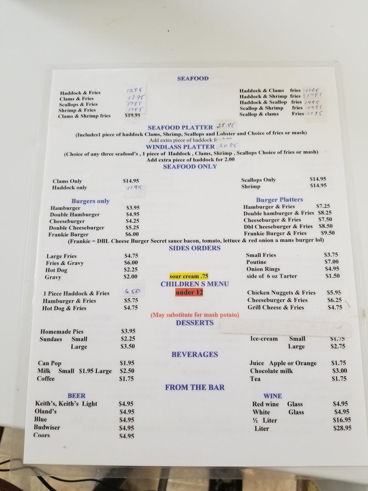 Menu at Windlass Restaurant, Canada, Chebogue Rd
