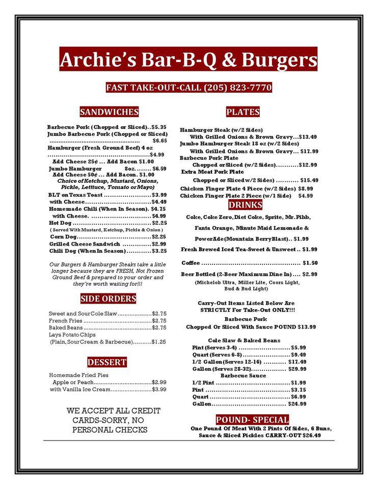 Menu at Archie's Bar-B-Q & Burgers, Hoover, Montgomery Hwy