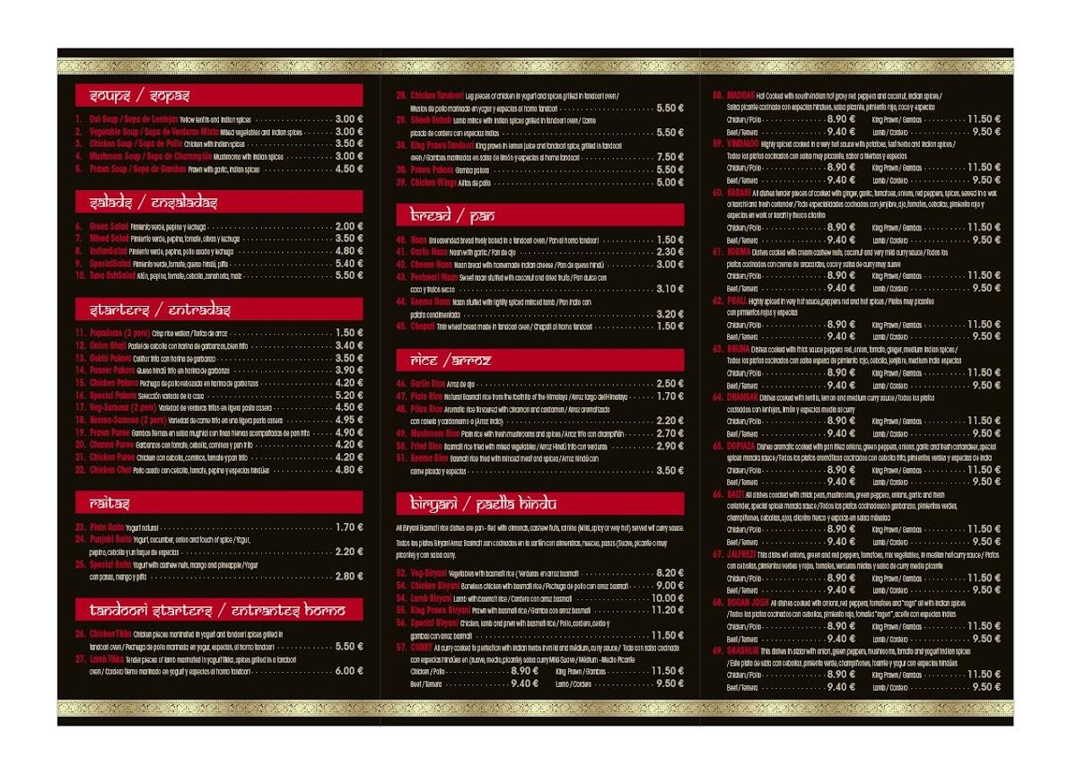 Menu at Indian hut restaurant, Torre de la Horadada