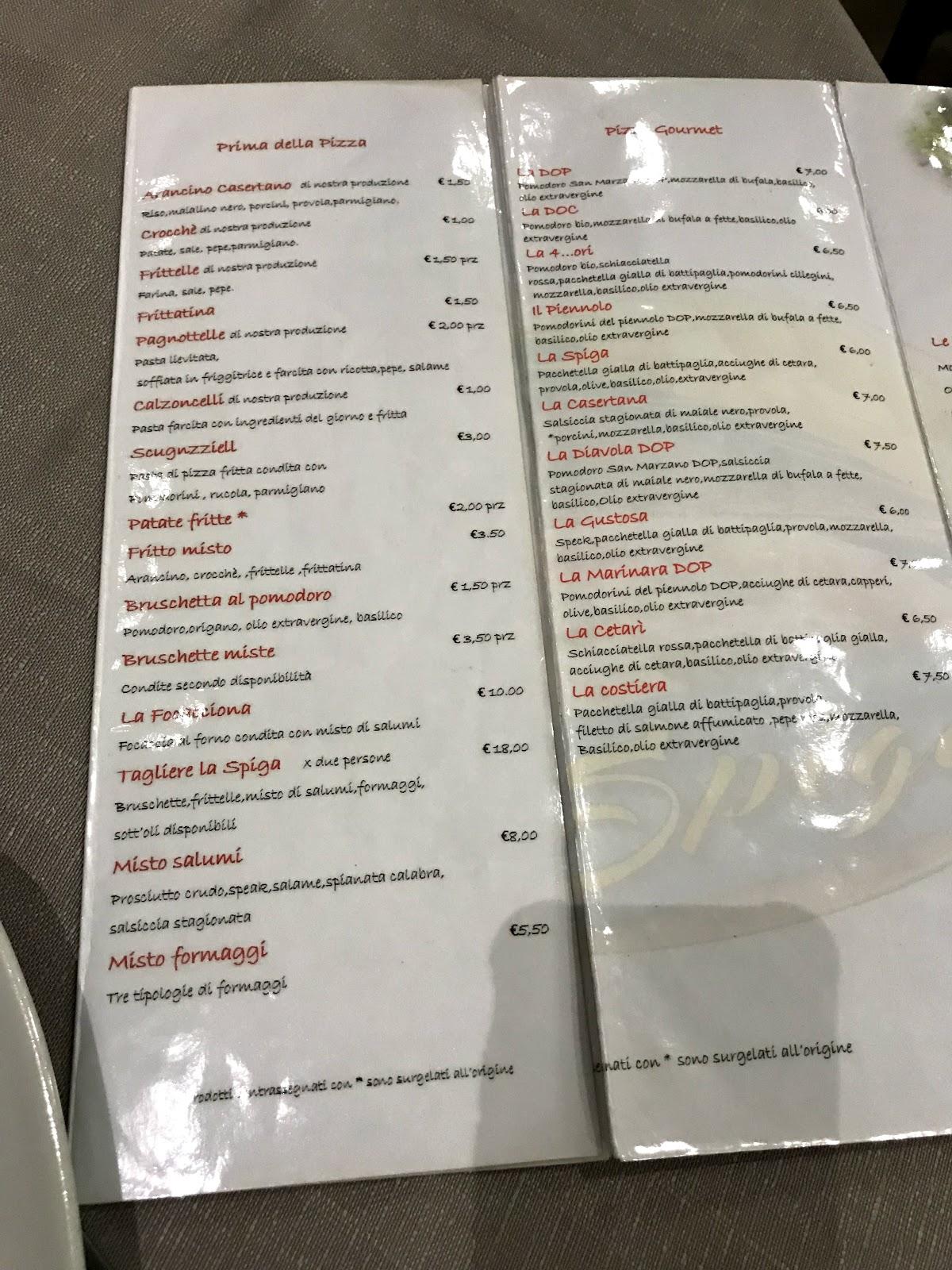 Menu at Pizzeria La Spiga, Pignataro Maggiore