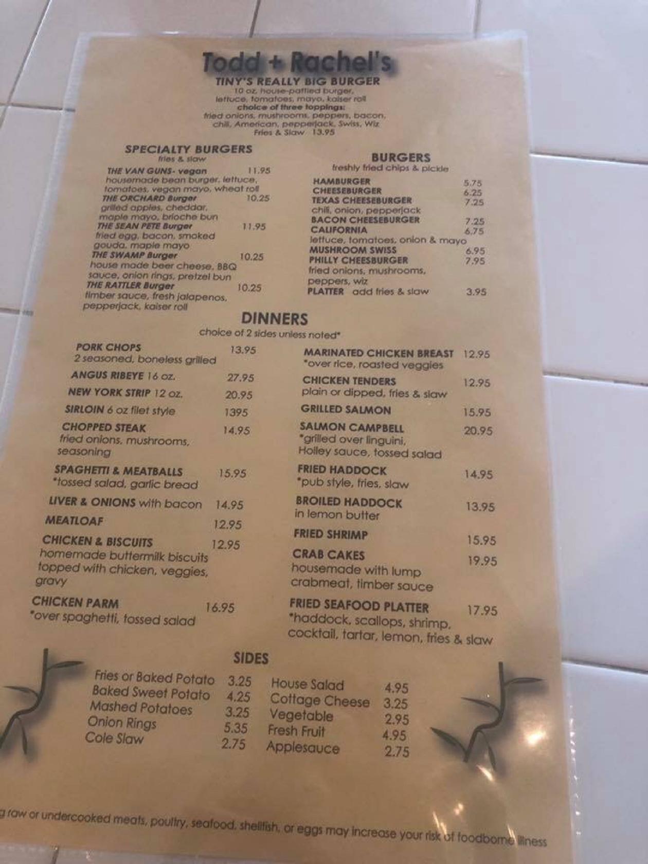 Menu at Todd + Rachel’s restaurant, Tunkhannock