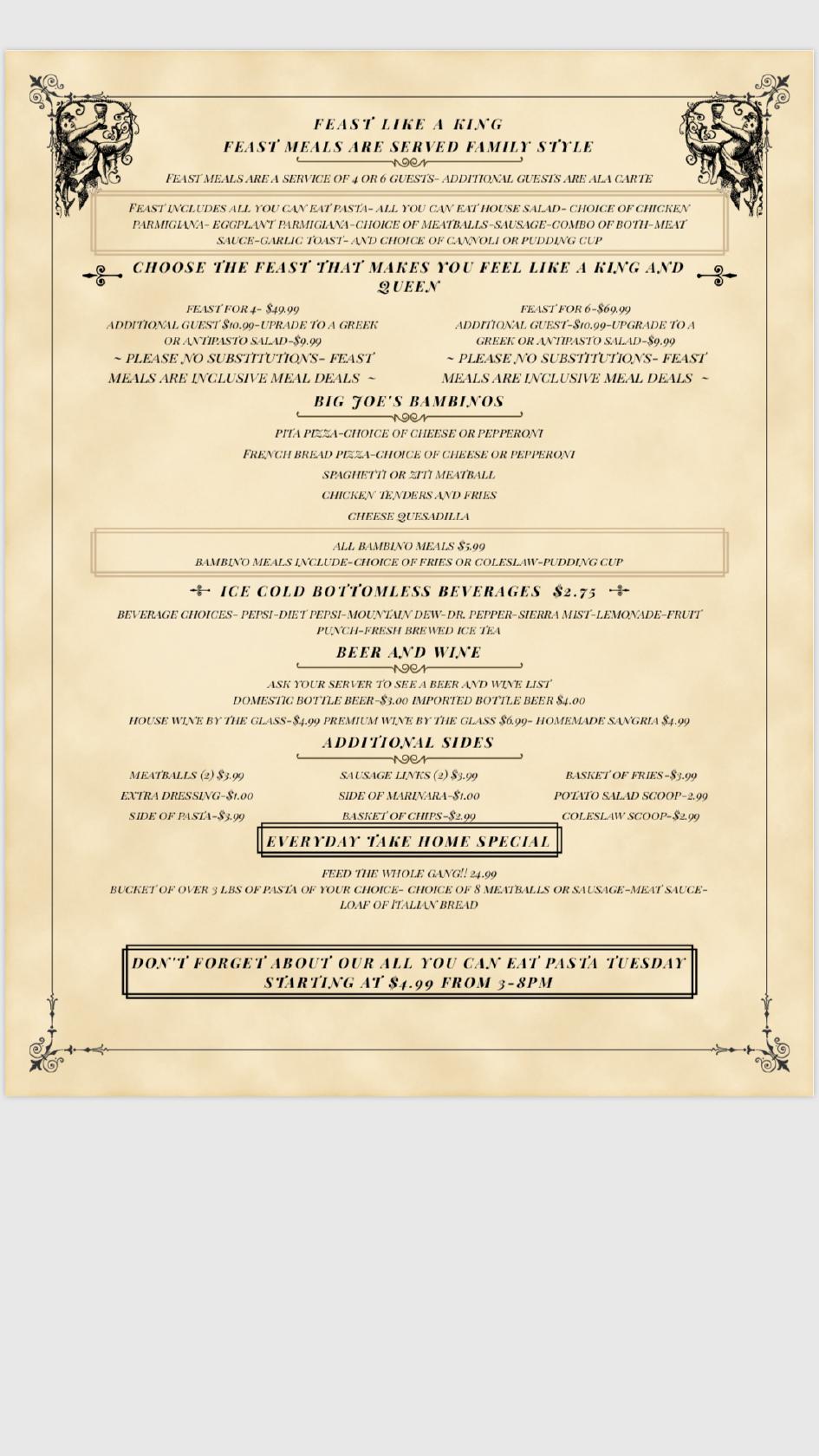 Menu at Big Joe's Pasta House pub & bar, Palm Harbor