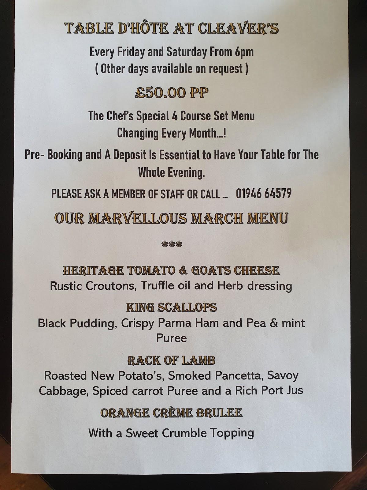 Menu at Cleaver's Wine & Dine restaurant, Whitehaven