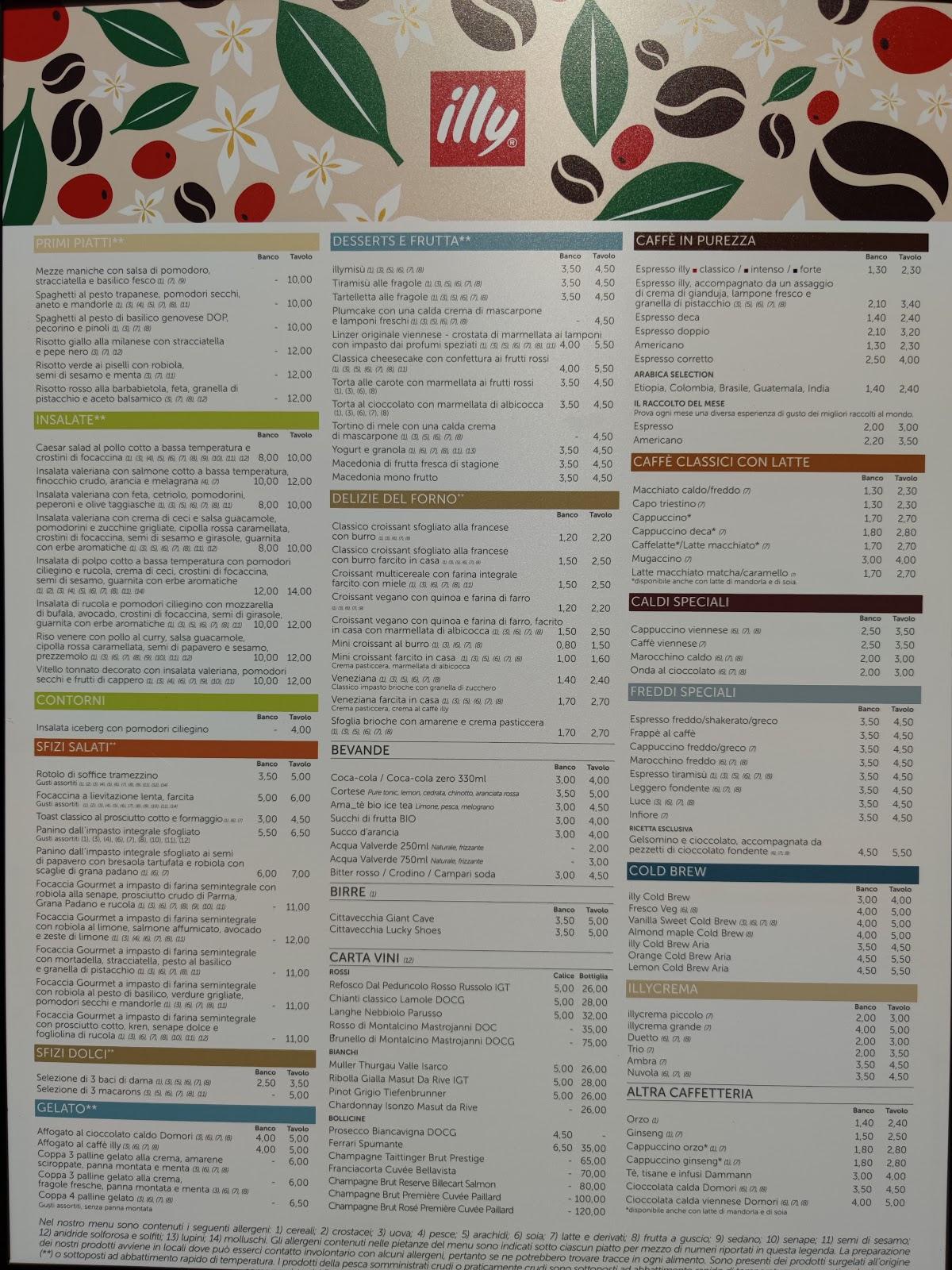 Menu da illy caffè bar, Trieste, Via Gioacchino Rossini