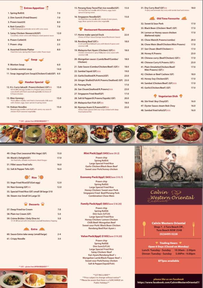 Menu at Tura beach Chinese restaurant Calvin western Oriental, Tura Beach