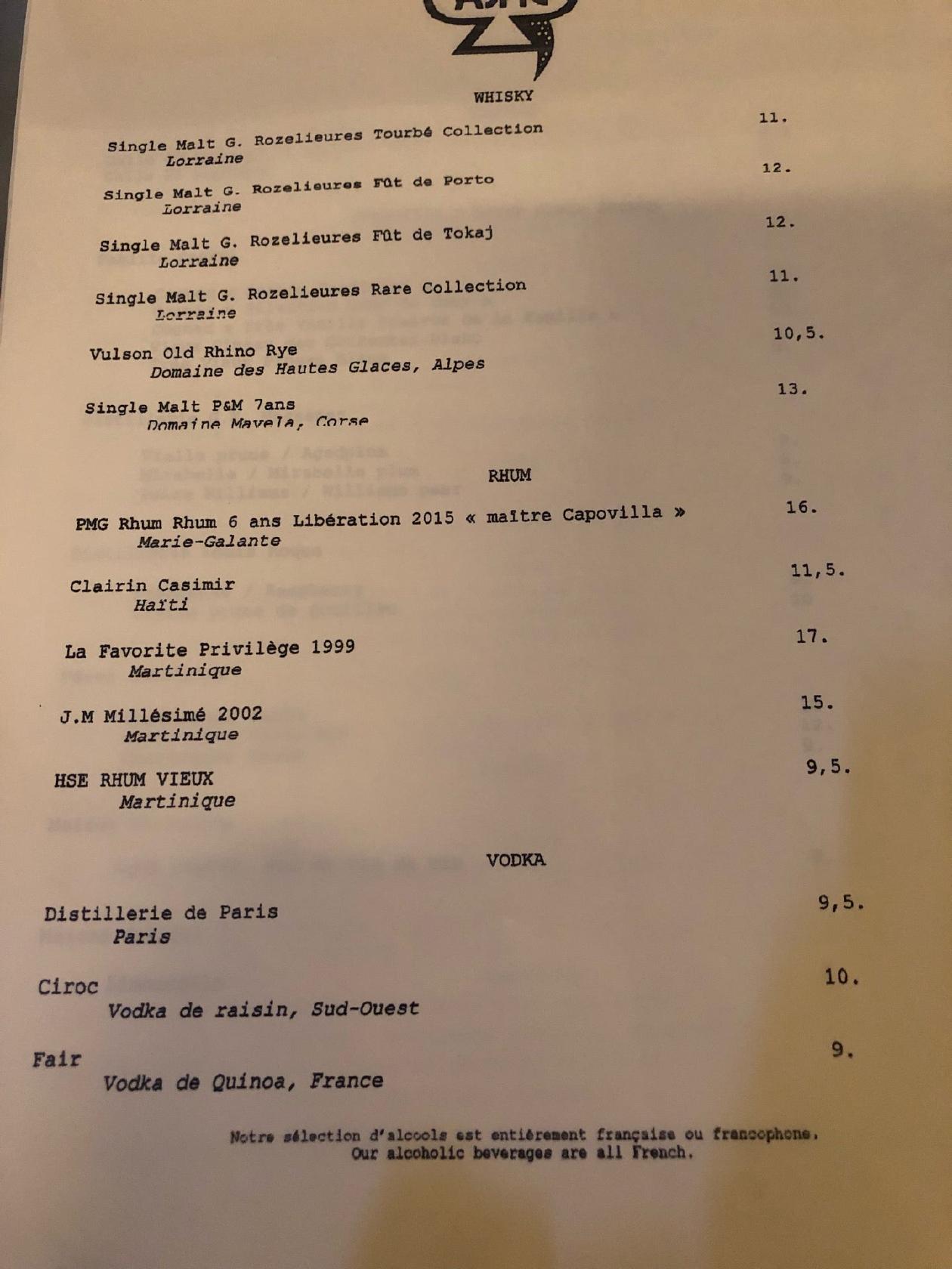 Menu at ASPIC restaurant, Paris, 24 Rue Louise-Émilie de la Tour d'Auvergne