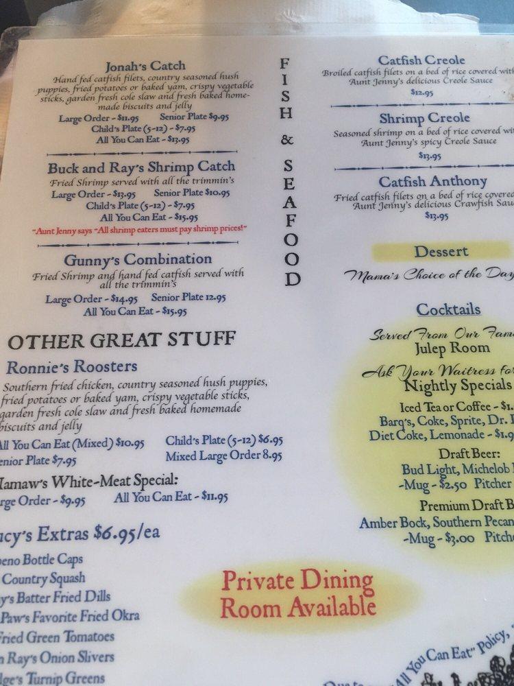 Menu at Aunt Jenny's Catfish Restaurant, Ocean Springs