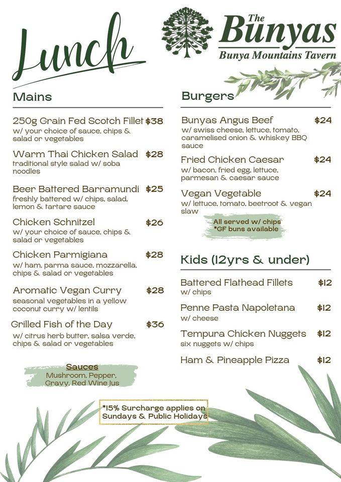 Menu at Bunya Mountains Tavern restaurant, Bunya Mountains