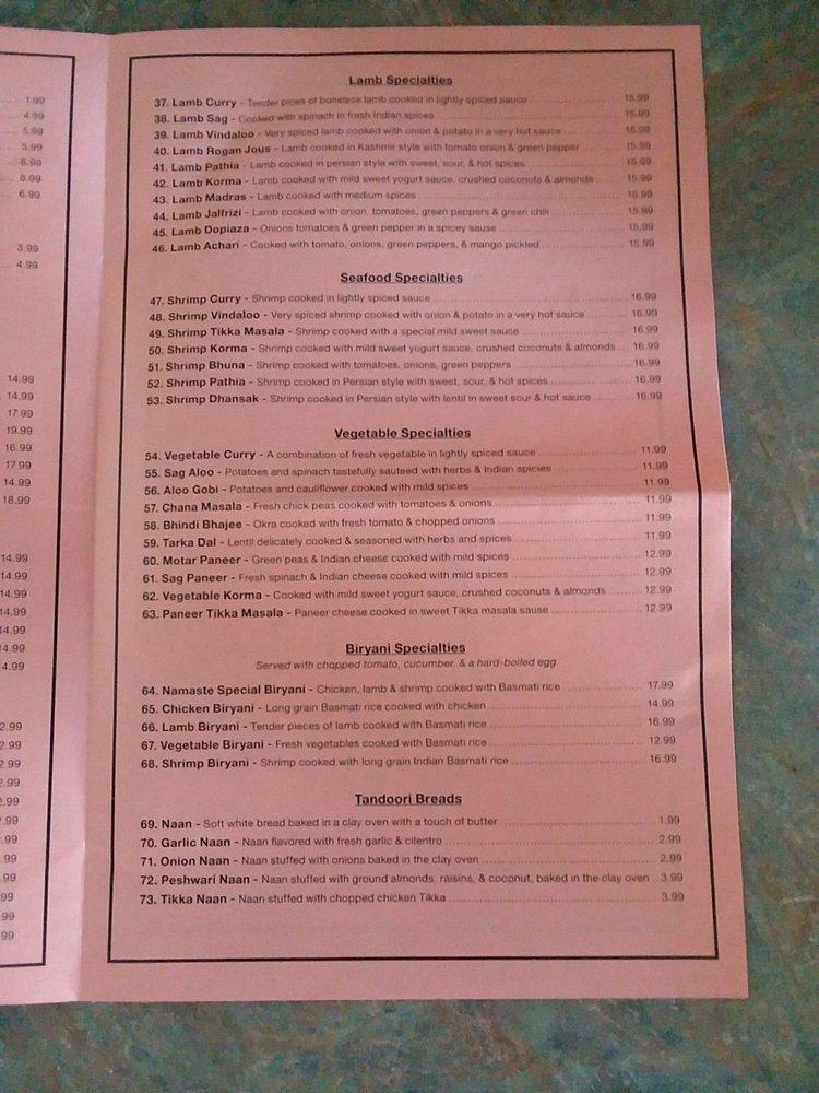 Menu At Namaste Indian Restaurant St Augustine