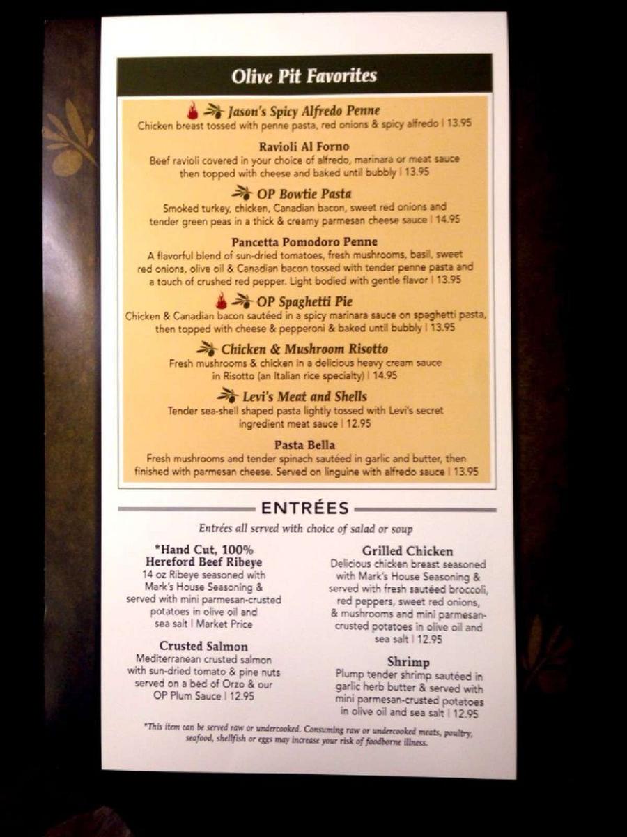 Menu at Olive Pit A Pasta House restaurant, Paris