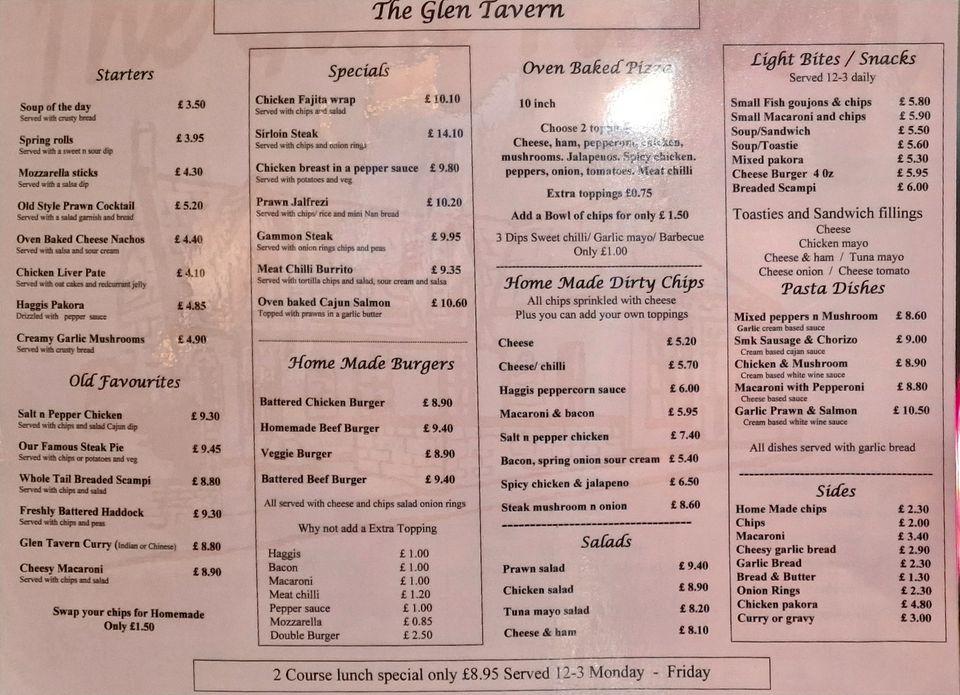 Menu at The Glen Tavern pub & bar, Dunfermline, 110-112 Pittencrieff St