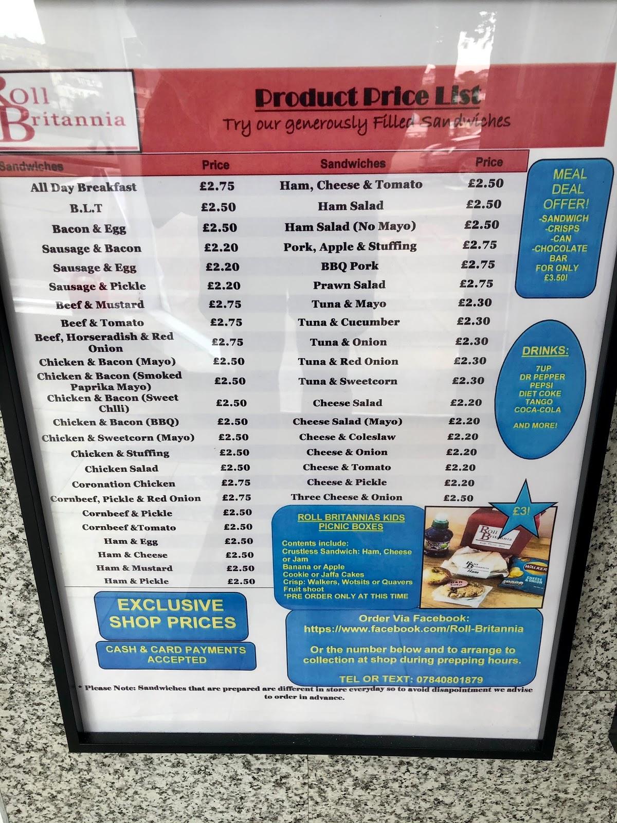 Menu at Roll Britannia, Bideford