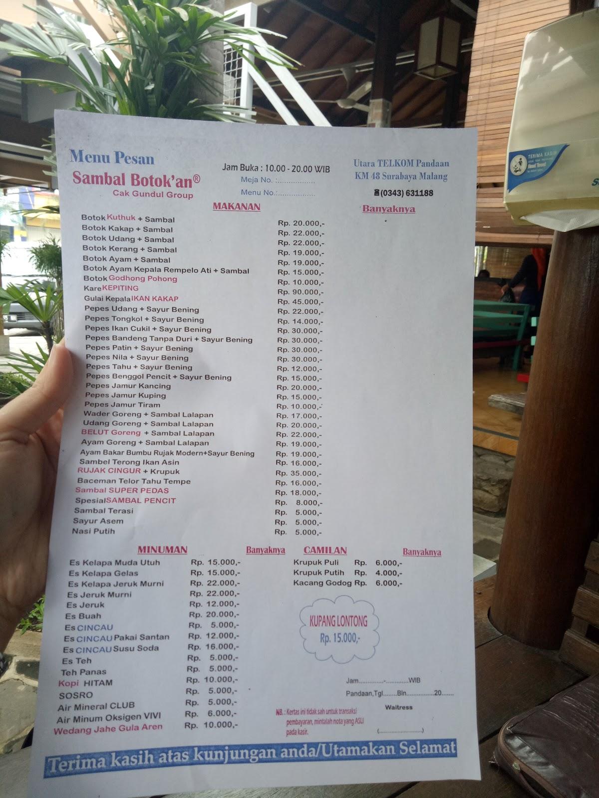 Menu at Warung Botokan Pandaan restaurant, Pandaan