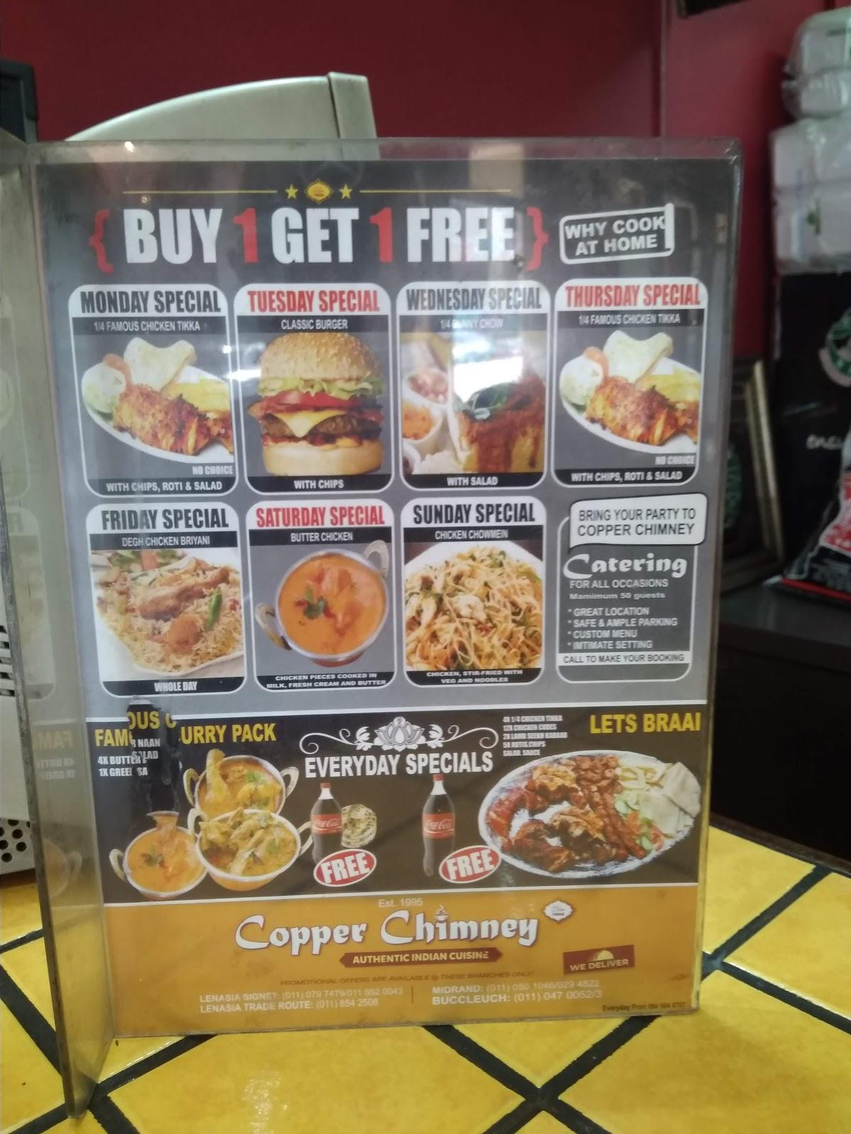 Menu at Copper Chimney restaurant, Sandton, Shop 7 Bridge Shopping Centre