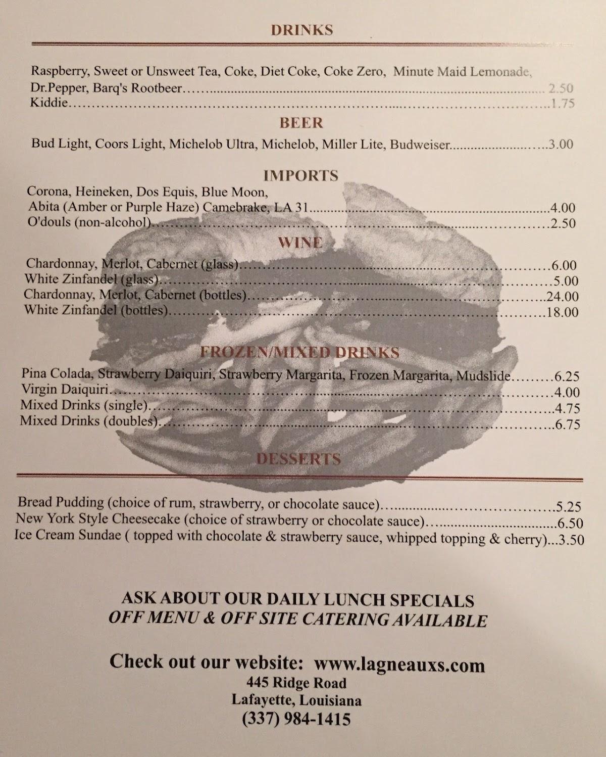 Menu at Lagneaux's restaurant, Lafayette