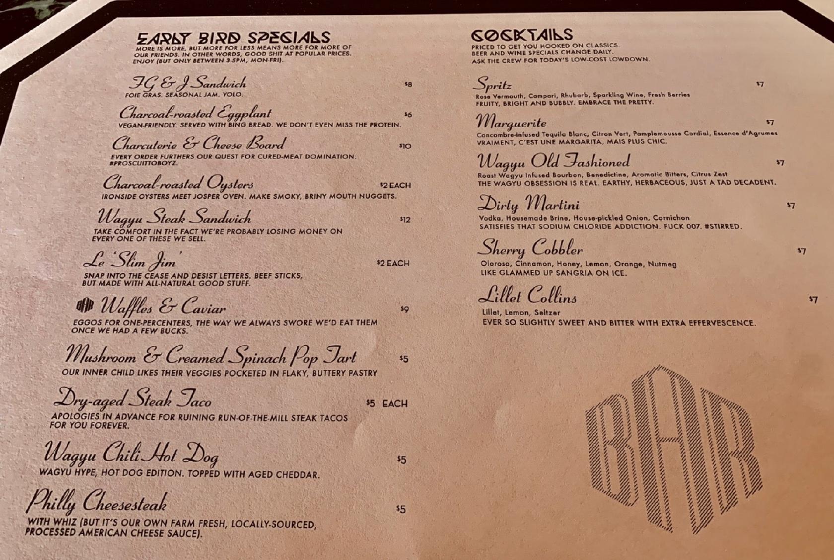 Menu at Born and Raised steakhouse, San Diego, India St