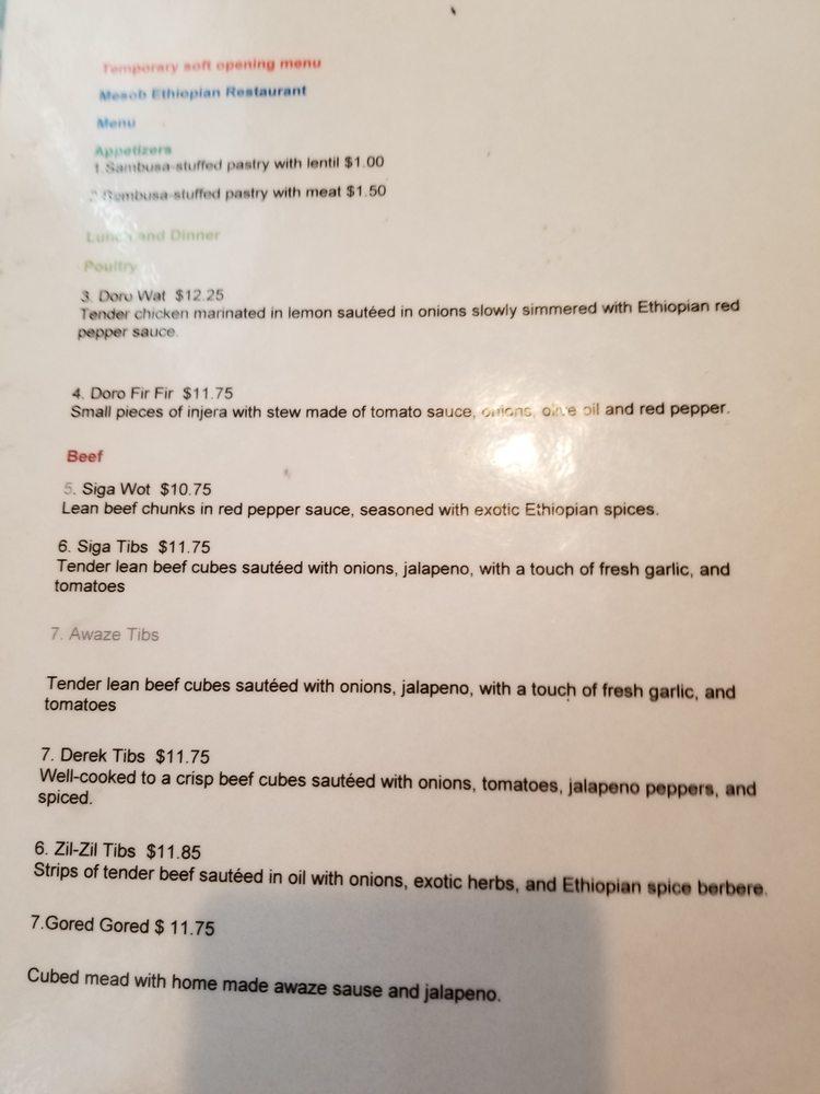Carta de Mesob Ethiopian Restaurant, Minneapolis