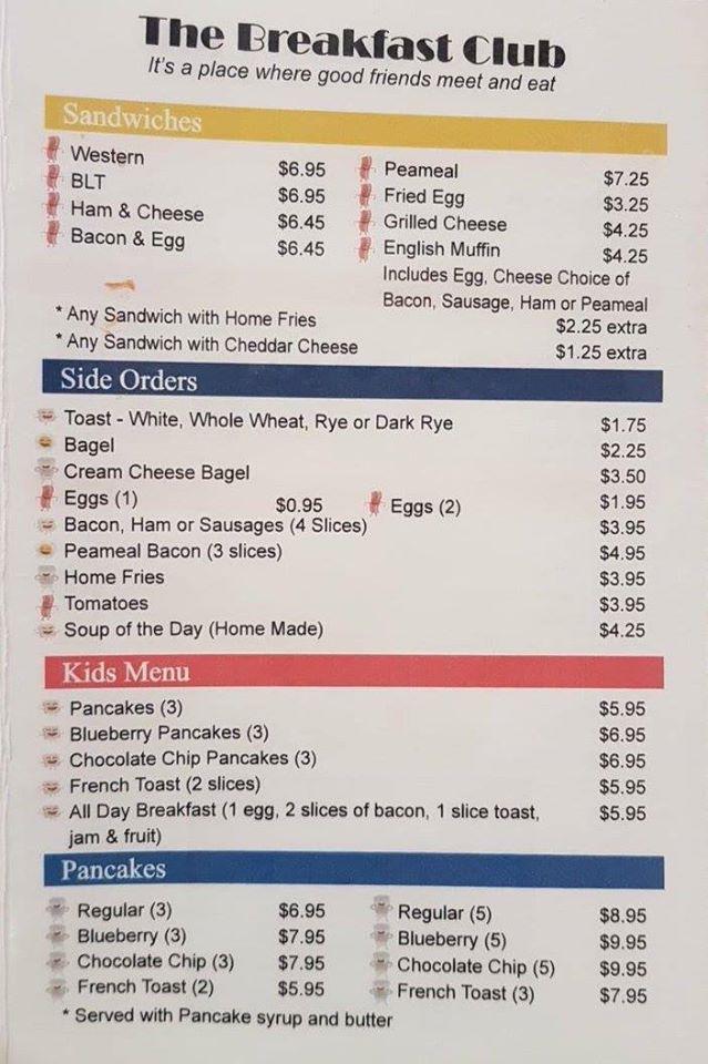 Menu at The Breakfast Club, Schomberg, ON9