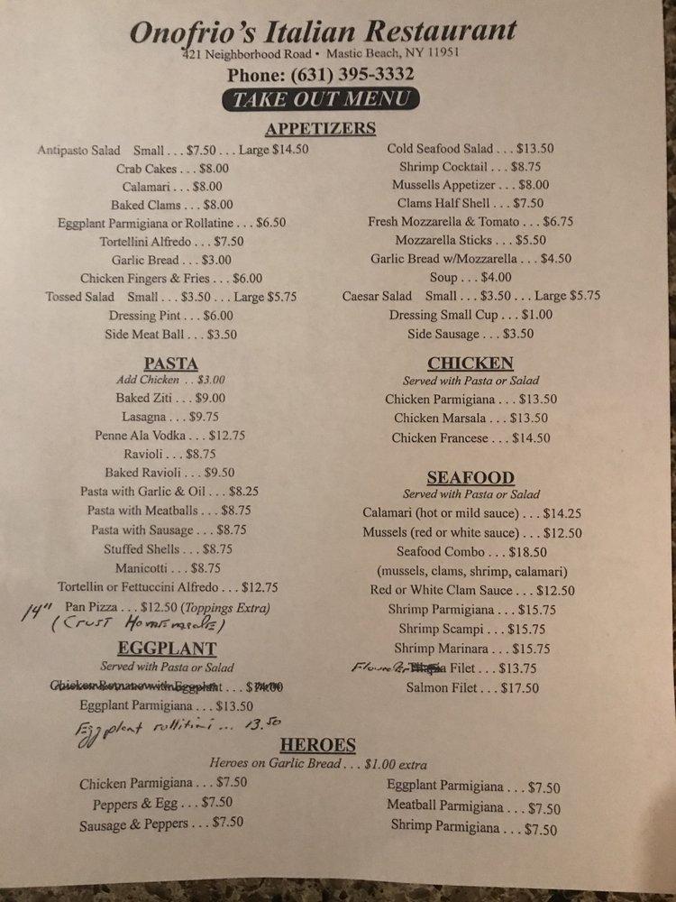 Menu at Onofrio's restaurant, Mastic Beach