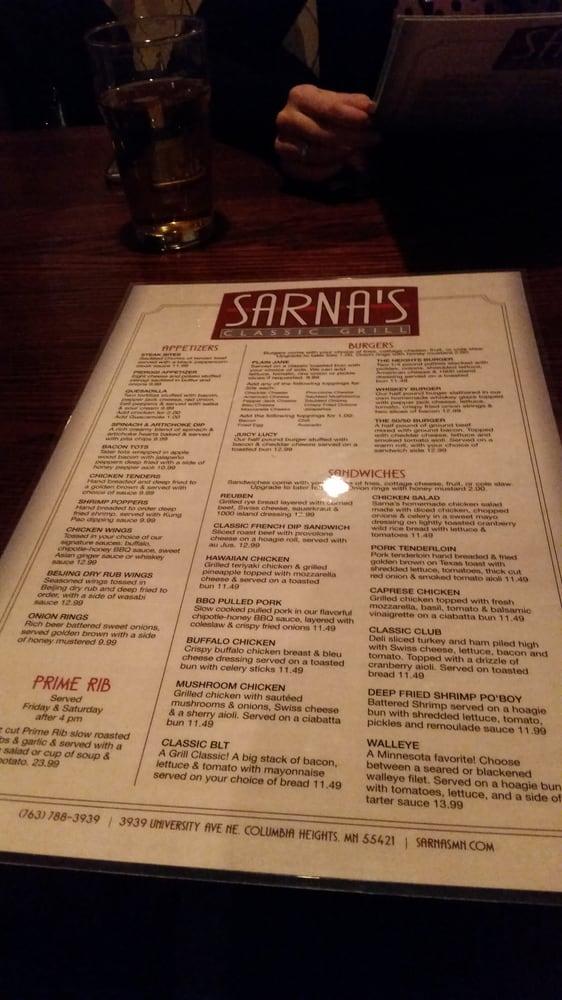 Menu at Sarna's Classic Grill restaurant, Columbia Heights