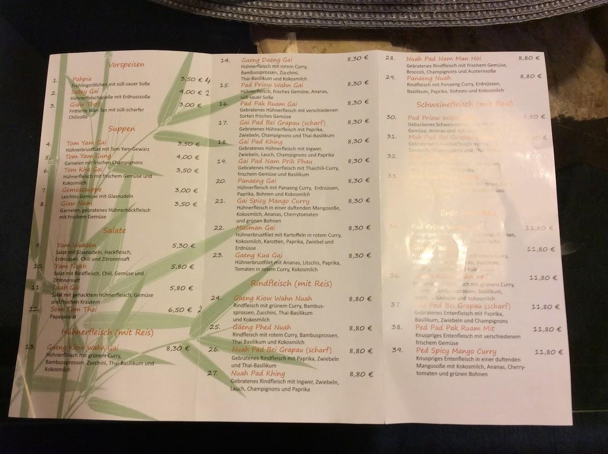 Menu at ThaiBamboo restaurant, Gernsbach