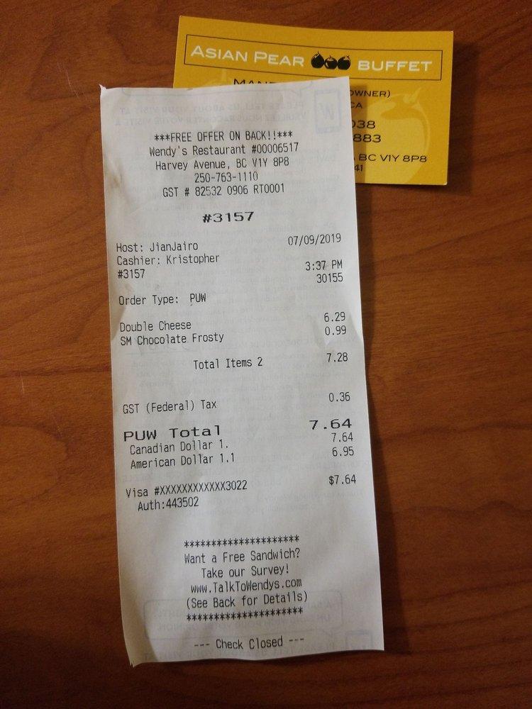 Menu at Wendy's fast food, Kelowna, Harvey Ave