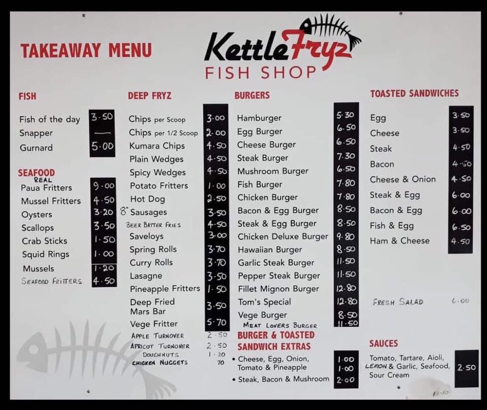 Menu at Tom's Place Takeaways restaurant, Waitara
