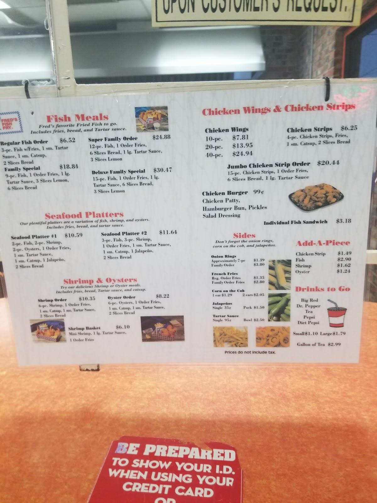 Menu at Fred's Fish Fry restaurant, San Antonio, Blanco Rd