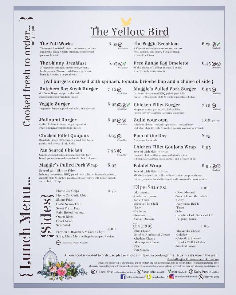 Menu at The Yellow Bird cafe, Limavady