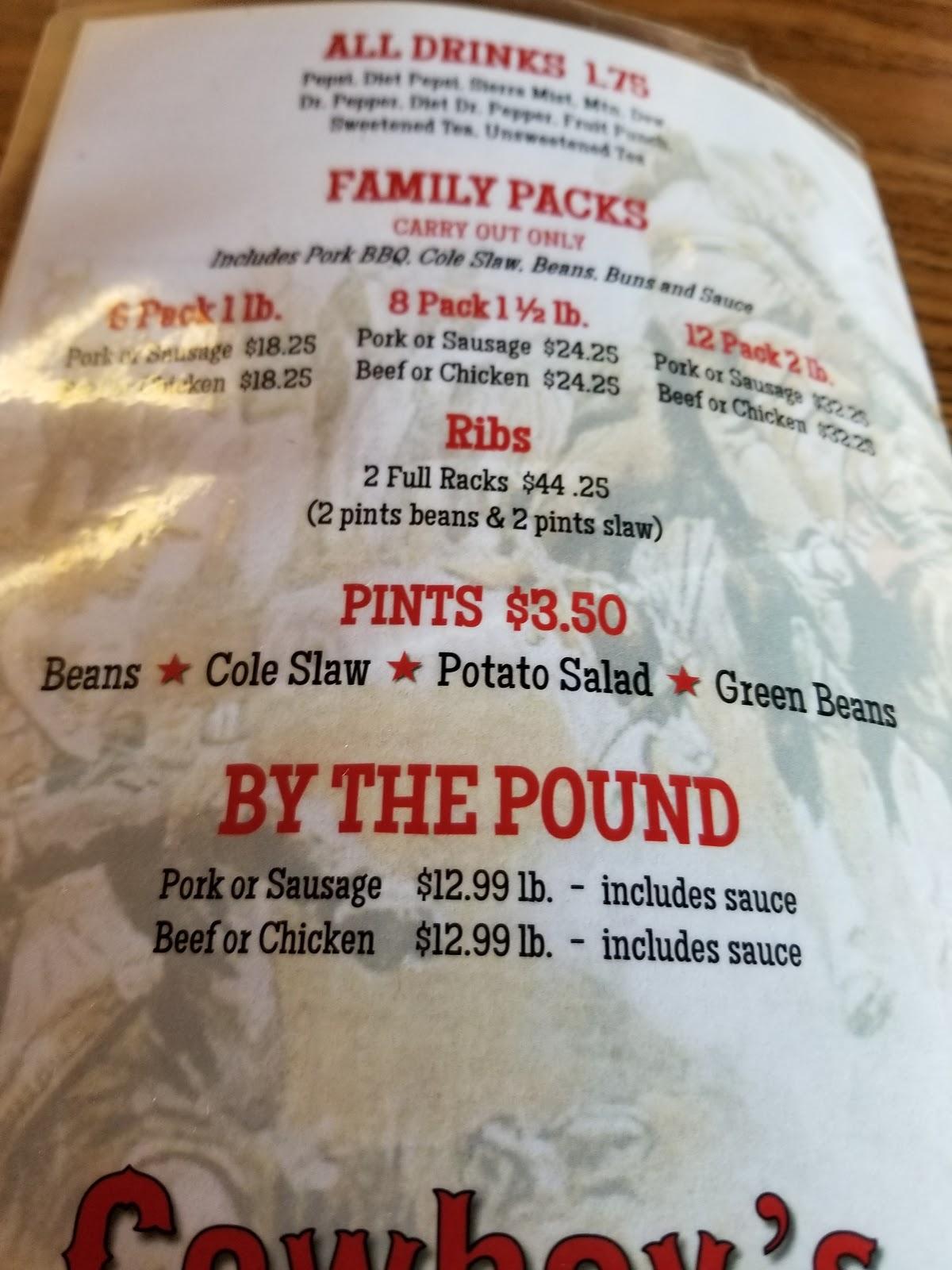 Menu at Cowboy's Barbecue, Batesville