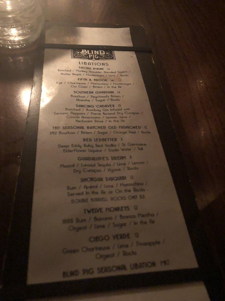 Menu at The Blind Pig Parlour Bar, Atlanta, 128 E Andrews Dr NW