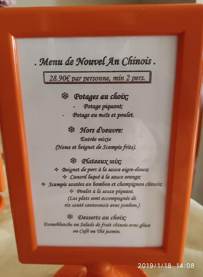 Menu au Aux Delices d'Orient, Sombreffe