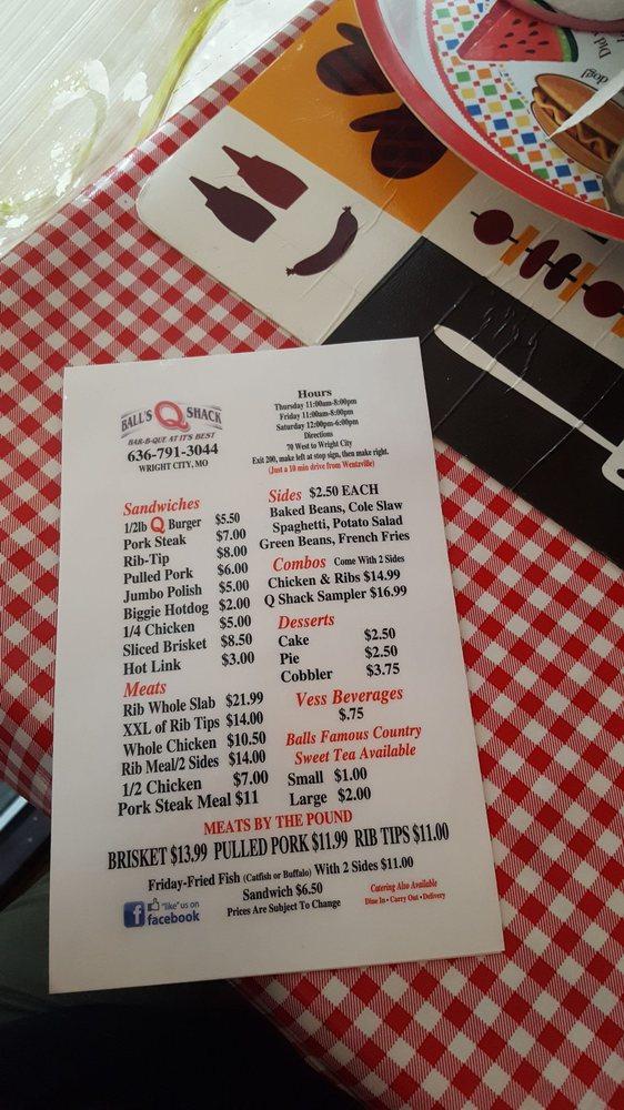 Menu at Ball's Q Shack BBQ, Wright City, 100 W N 2nd St