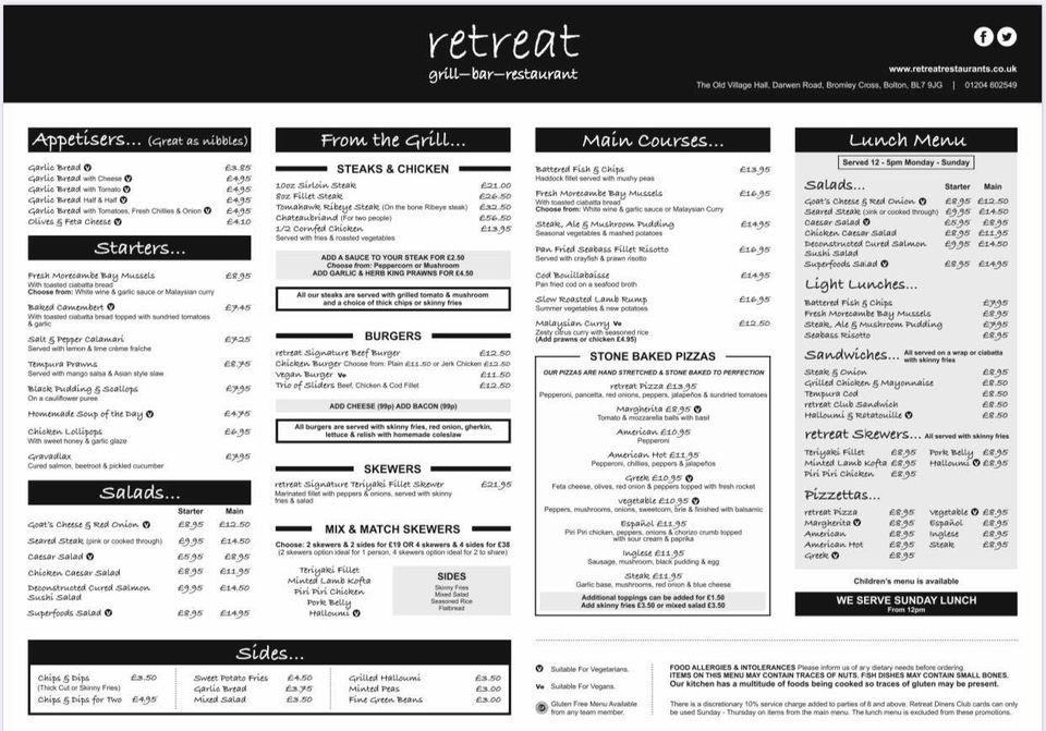 Menu at Retreat Bromley Cross pub & bar, Bolton