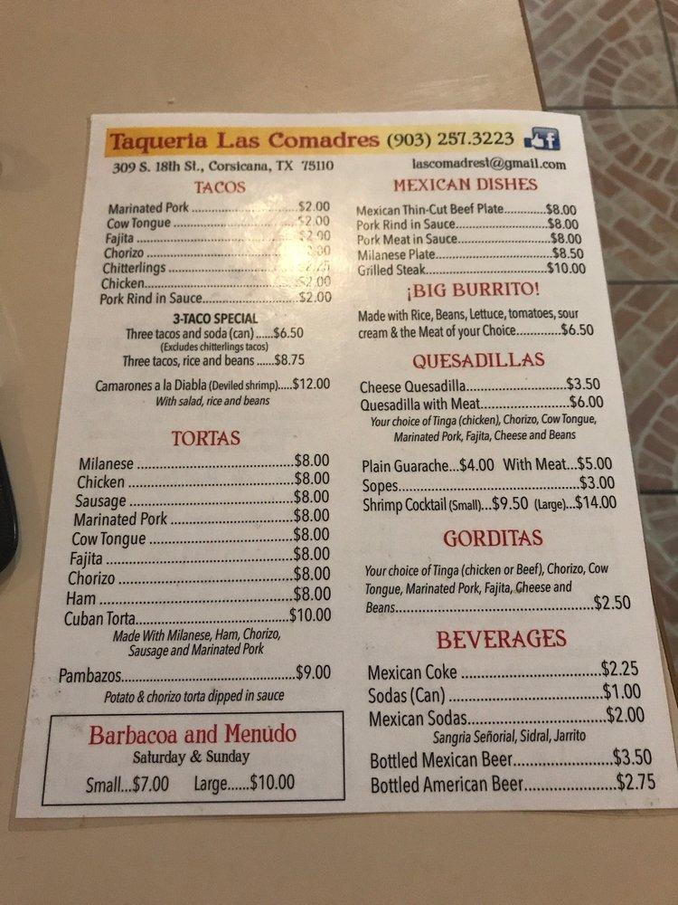 Menu at Taqueria Las Comadres restaurant, Corsicana