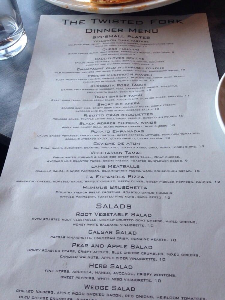 Menu at The Twisted Fork restaurant, Reno
