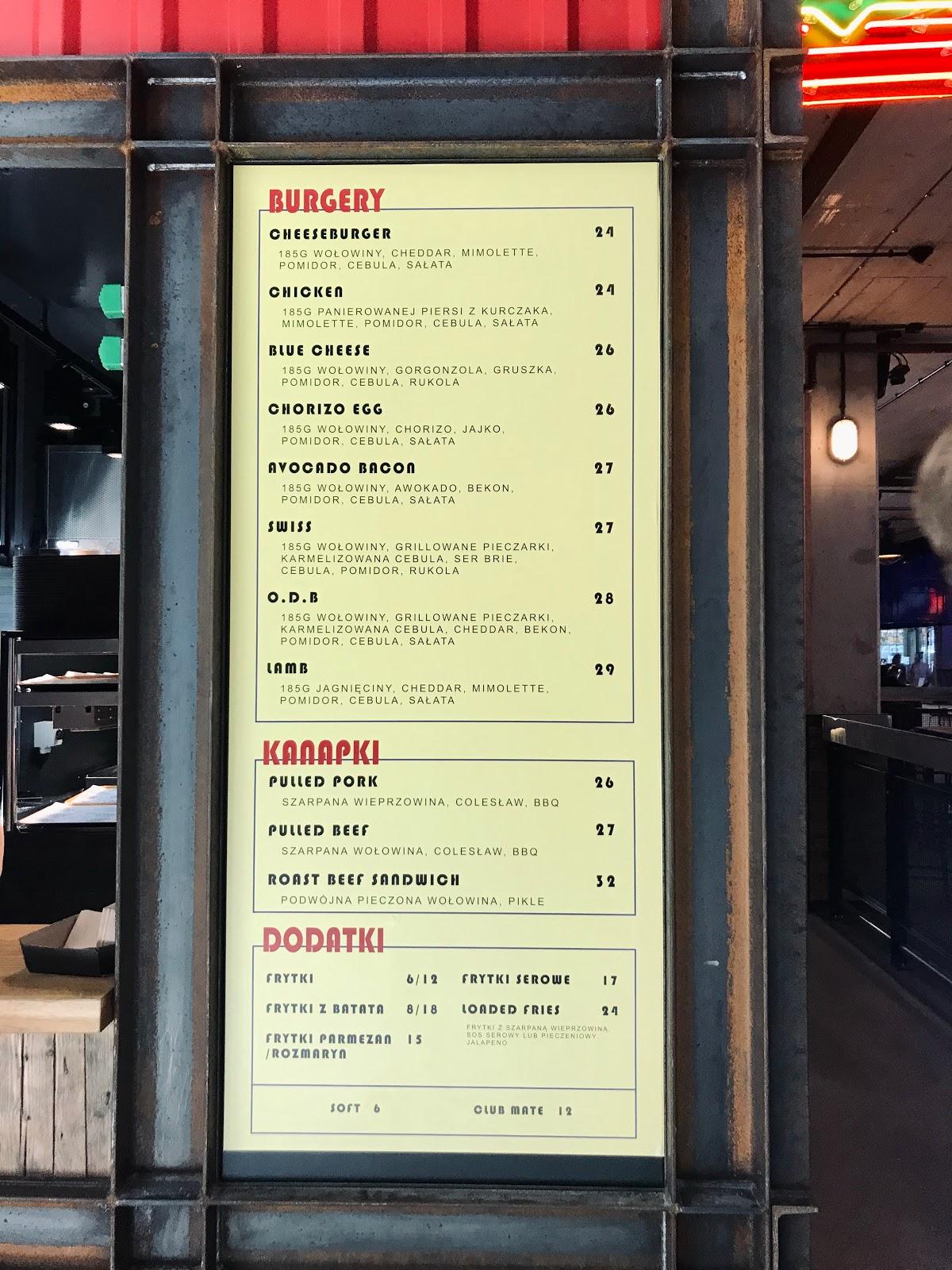 Menu at Soul Food restaurant, Warsaw, Dobra 42