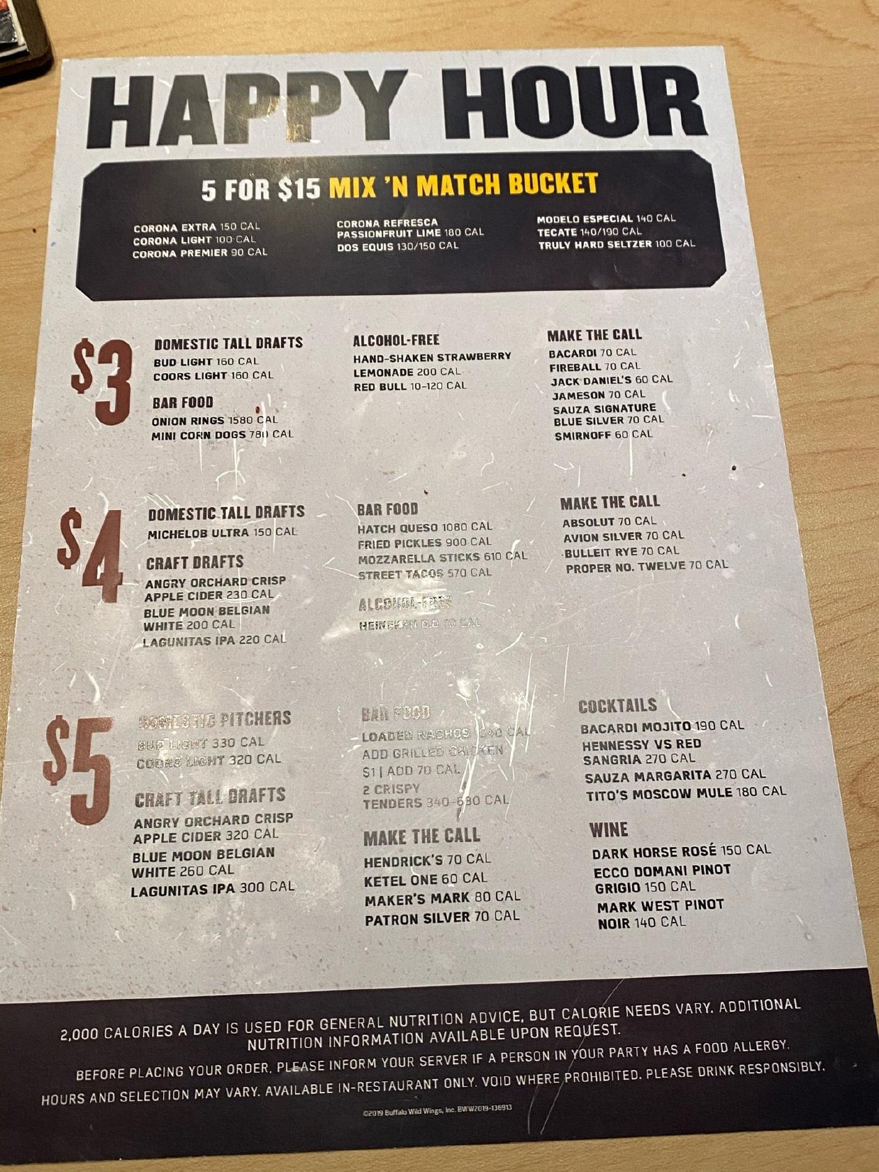 Menu at Buffalo Wild Wings pub & bar, Honolulu, Ala Moana Blvd Unit 3326
