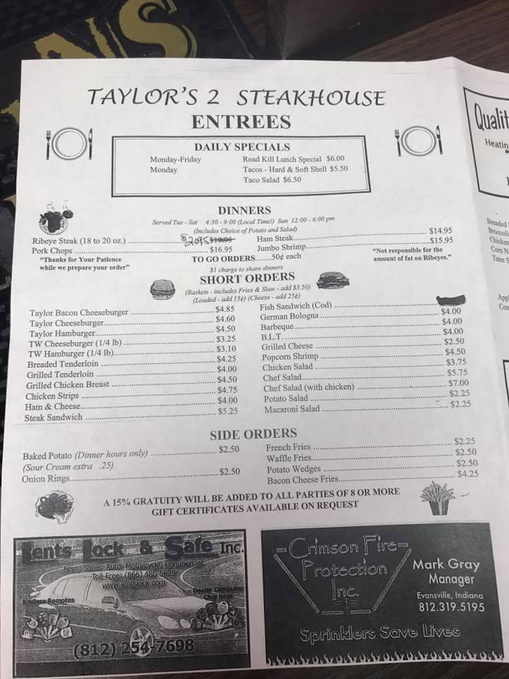 Menu at Taylor's 2 Steakhouse, Oakland City