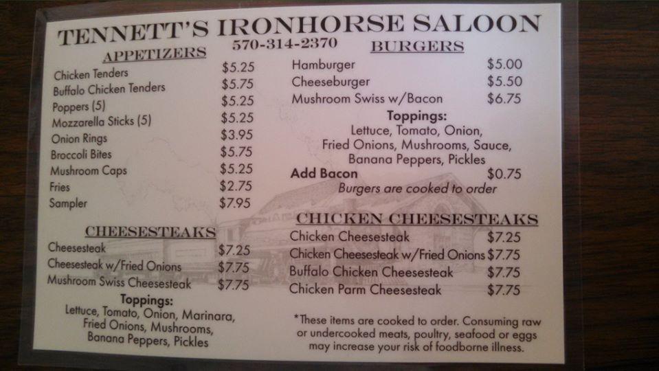 Menu at Iron Horse Saloon pub & bar, Dushore